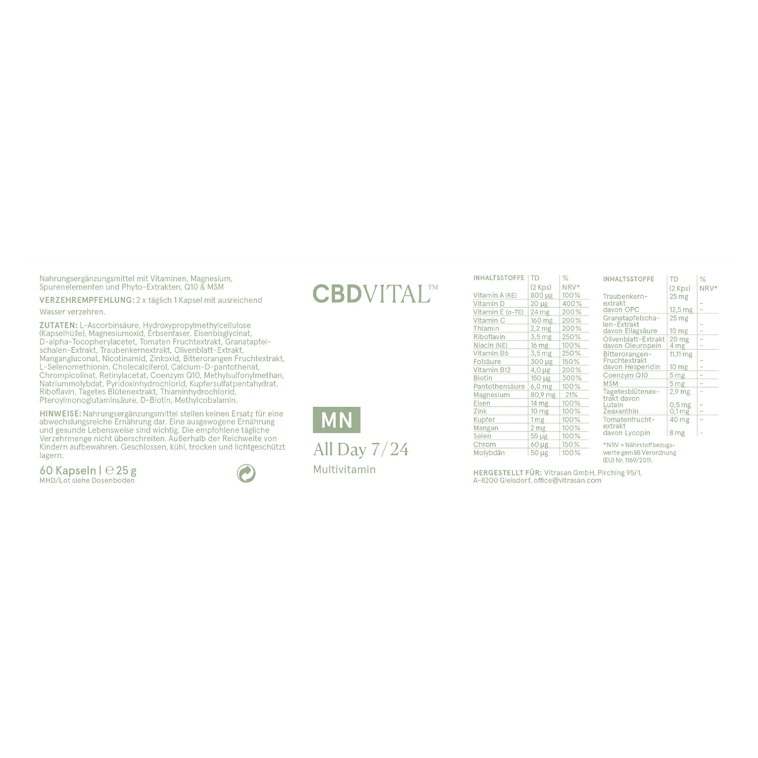 Detailansicht Etikett CBD VITAL All Day Vitaminkomplex â Multivitamin Kapseln, jetzt bei cbd-cannabidiol.de erhĂ€ltlich