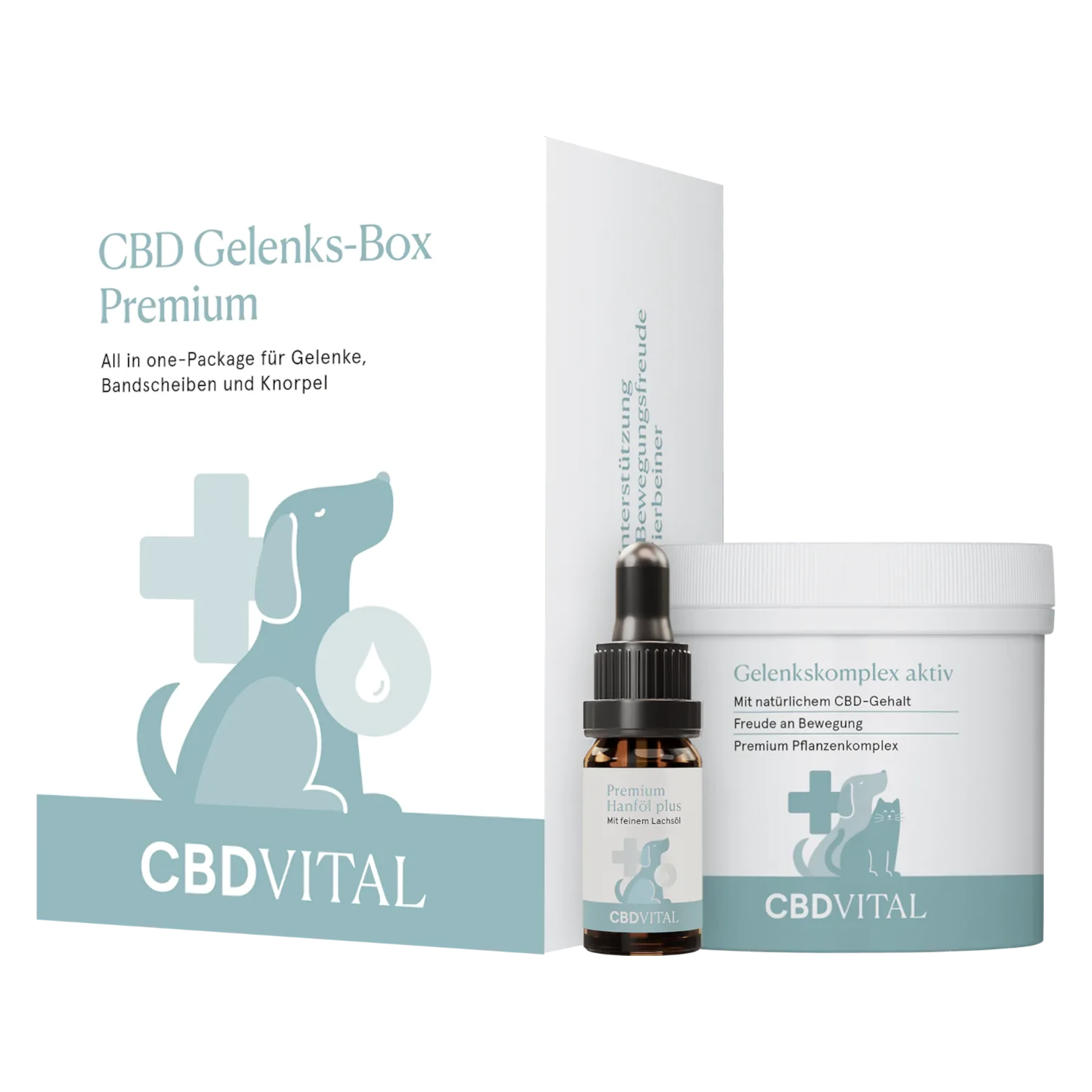 Abbildung der CBD VITAL Gelenks-Box Premium für Hunde – hochwertiges Ergänzungsfuttermittel-Set mit ausgewählten Inhaltsstoffen. Jetzt auf cbd-cannabidiol.de entdecken