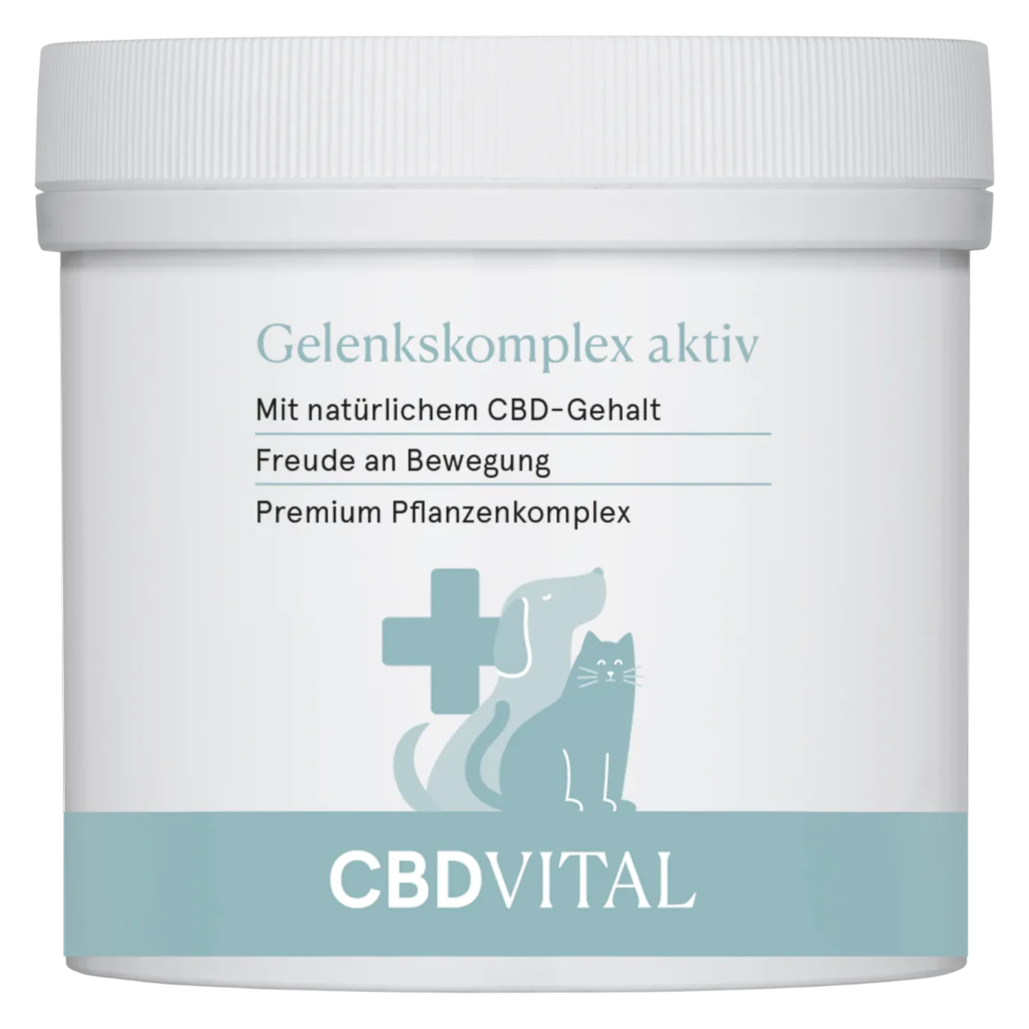 CBD VITAL Gelenkskomplex aktiv. Produktabbildung Dose – Hochwertiges Ergänzungsfuttermittel für Hunde und Katzen. Hilft bei einer ausgewogenen Ernährung. Jetzt auf cbd-cannabidiol.de entdecken.