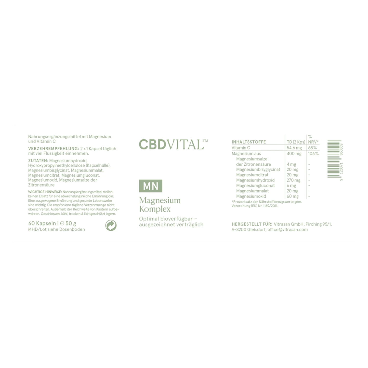 CBD VITAL Magnesium Komplex Etikett â Produktinformationen und NĂ€hrwerte fĂŒr Magnesium Kapseln, NahrungsergĂ€nzung bei cbd-cannabidiol.de