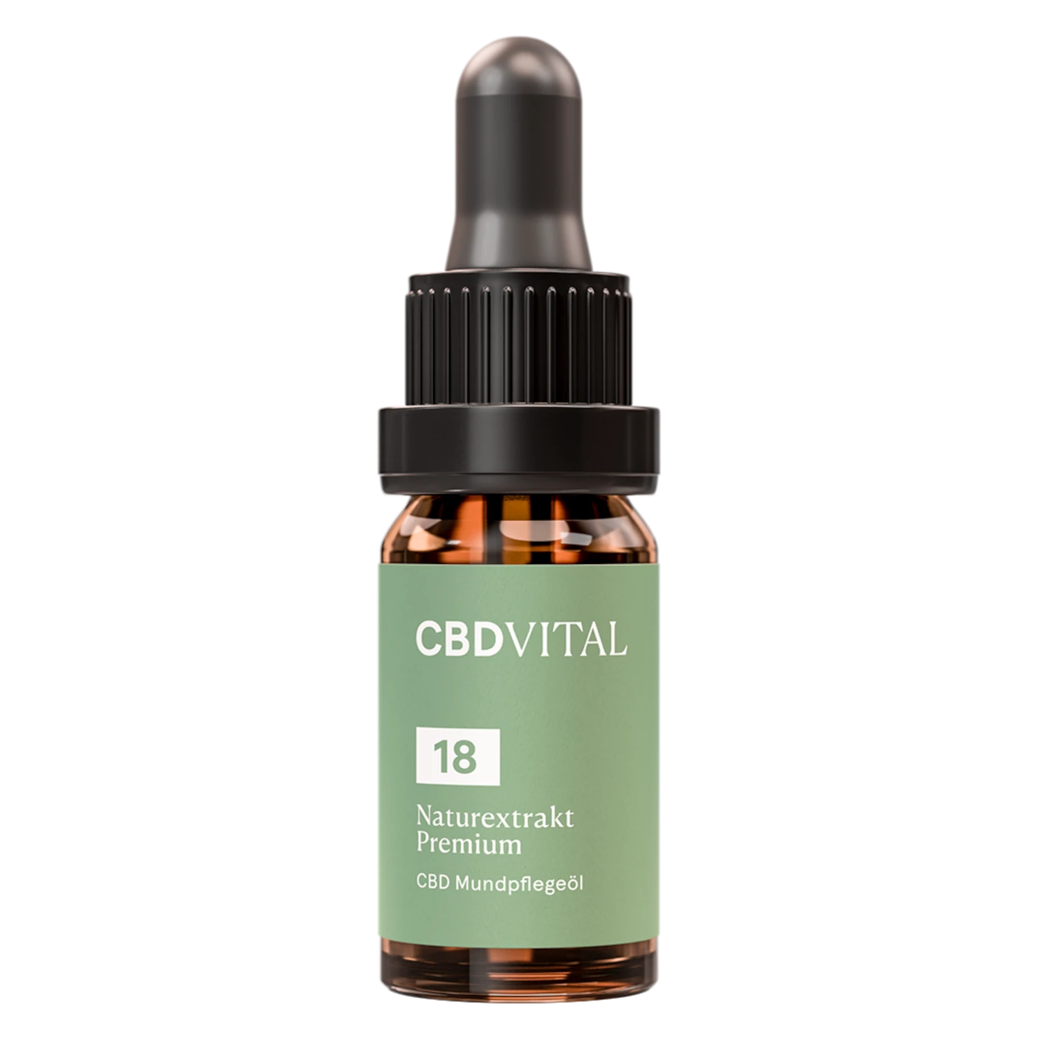 CBD Vital Naturextrakt Premium 18% 10ml â Vorderansicht der Flasche mit CBD-Ăl. Mehr auf cbd-cannabidiol.de