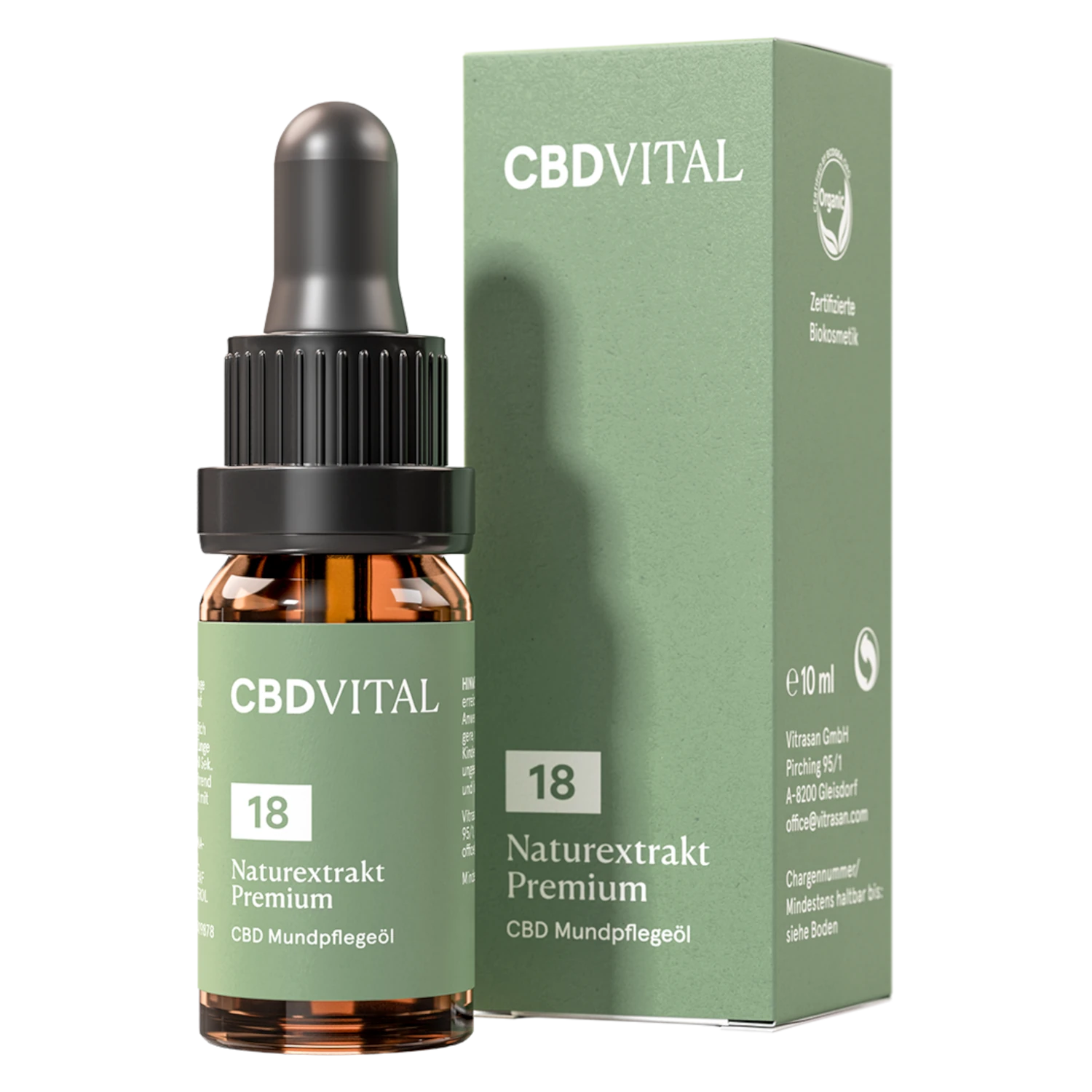CBD Vital Naturextrakt Premium 18% 10ml – Produktbild mit Verpackung. Erhältlich auf cbd-cannabidiol.de