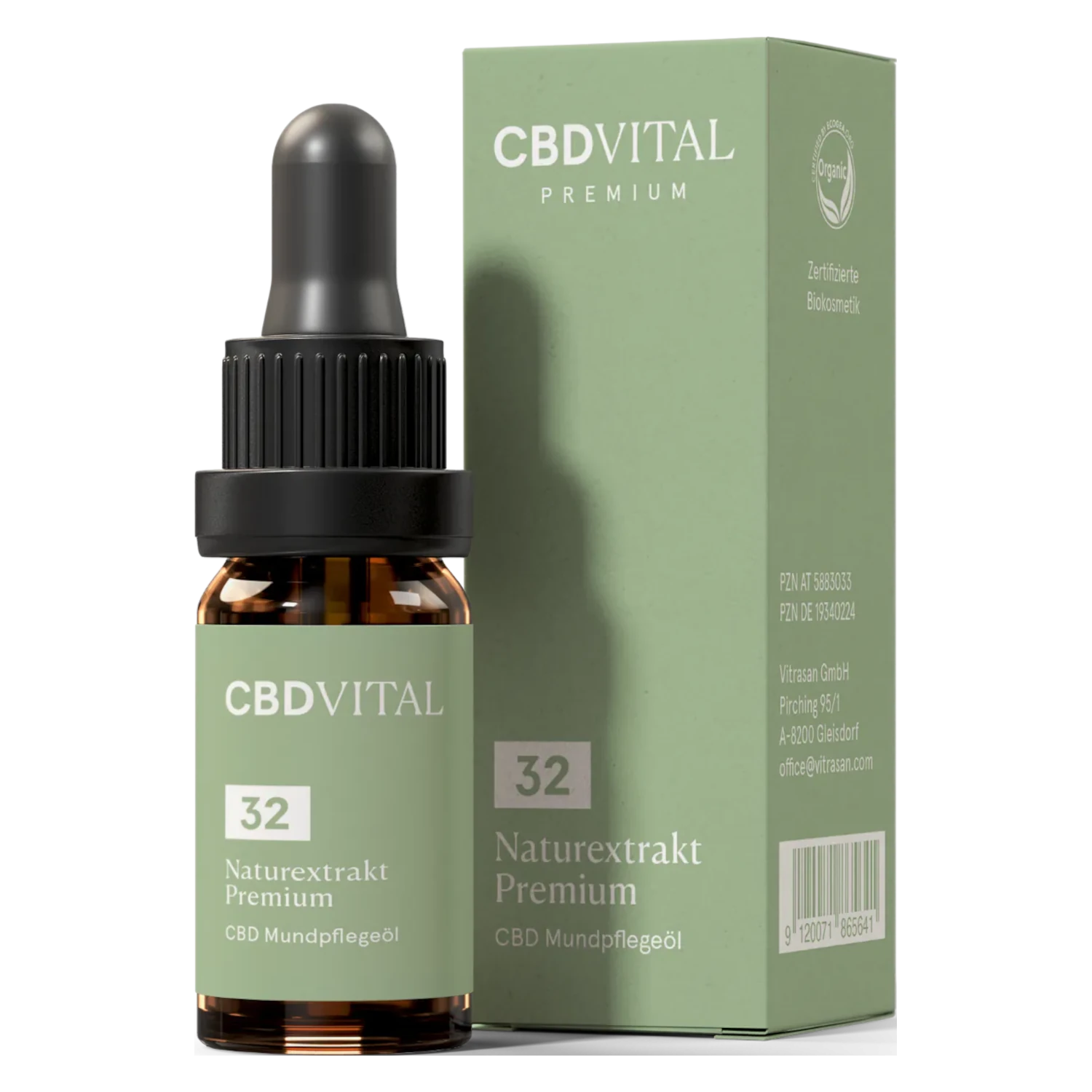 CBD Vital Naturextrakt Premium 32% 10ml – Produktbild mit Verpackung. Erhältlich auf cbd-cannabidiol.de