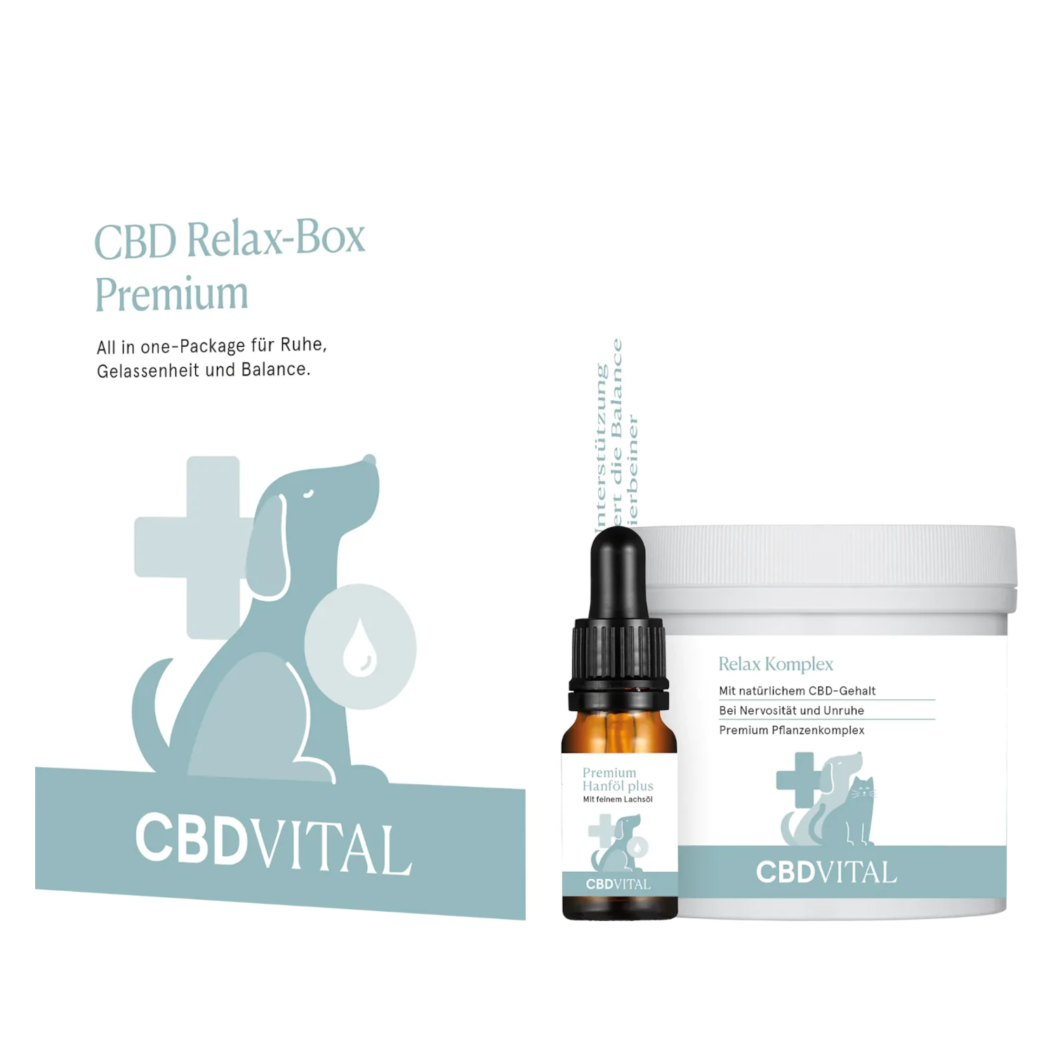 Set-Abbildung der CBD VITAL Relax-Box Premium für Hunde – hochwertiges Ergänzungsfuttermittel-Set. Jetzt auf cbd-cannabidiol.de entdecken.