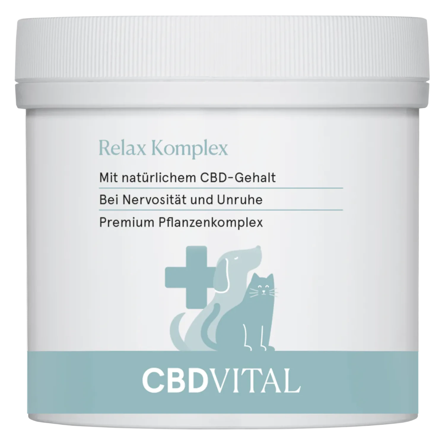 Abbildung DOse des CBD VITAL Relax Komplex für Hunde & Katzen – Ergänzungsfuttermittel mit ausgewählten Inhaltsstoffen in praktischer Dose. Jetzt auf cbd-cannabidiol.de entdecken