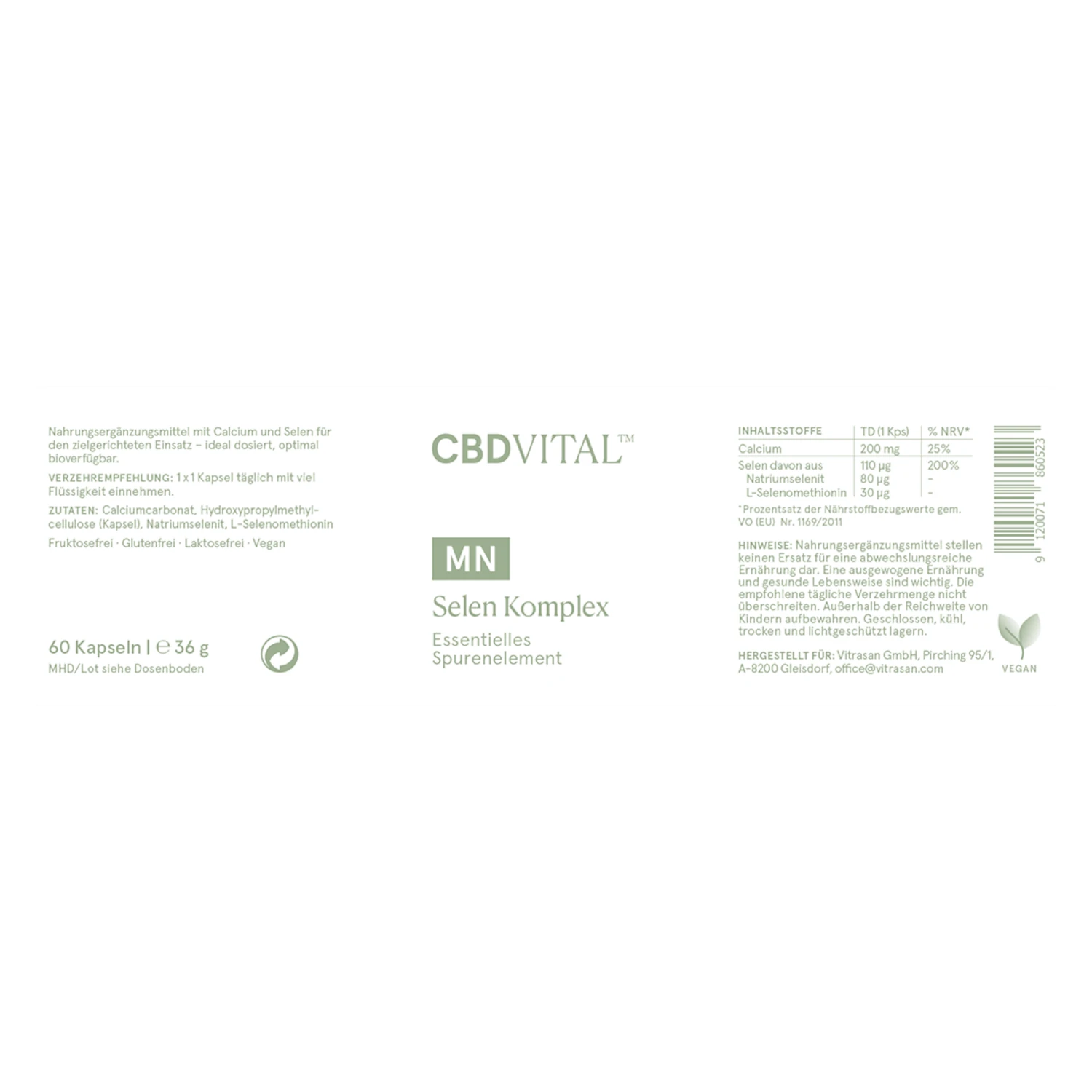 CBD VITAL Selen Komplex Etikett – Produktinformationen zu Selen als Spurenelement, Nahrungsergänzungsmittel auf cbd-cannabidiol.de