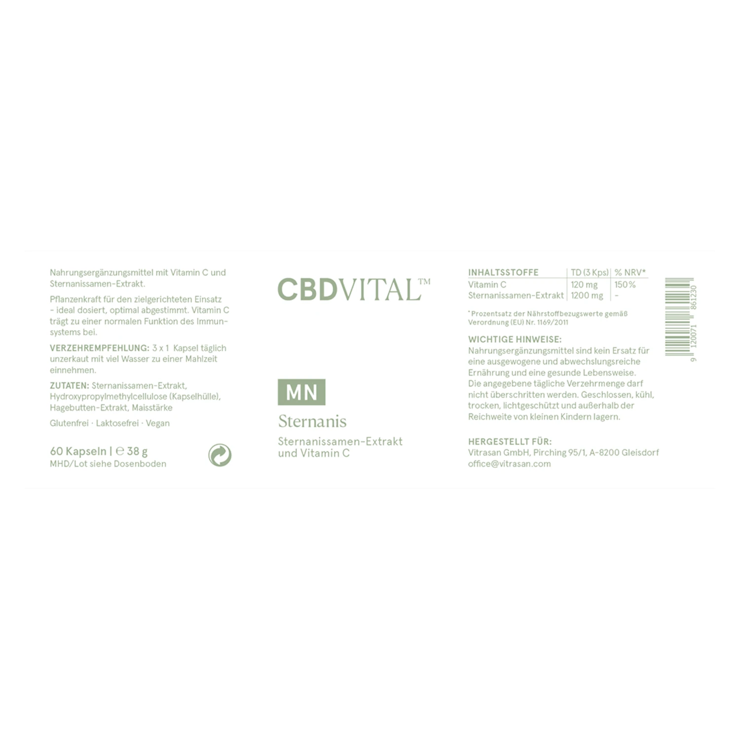 CBD VITAL Sternanis Etikett – Produktinformationen zu Sternanissamen-Extrakt und Vitamin C, Nahrungsergänzungsmittel auf cbd-cannabidiol.de