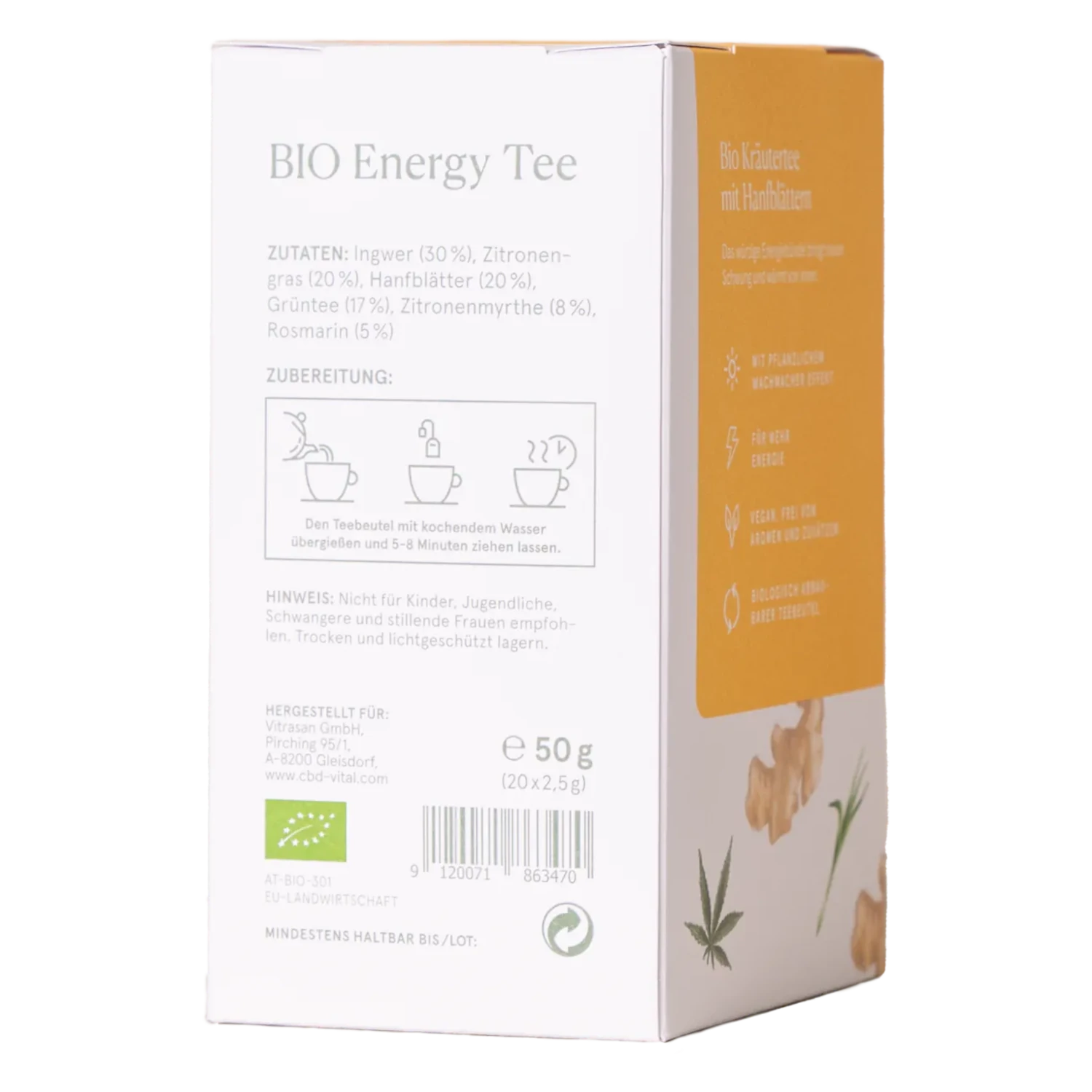Rückseite CBD Vital BIO Energy Tee Packung: Mehr ueber Herkunft & Inhaltsstoffe jetzt auf cbd-cannabidiol.de erfahren!