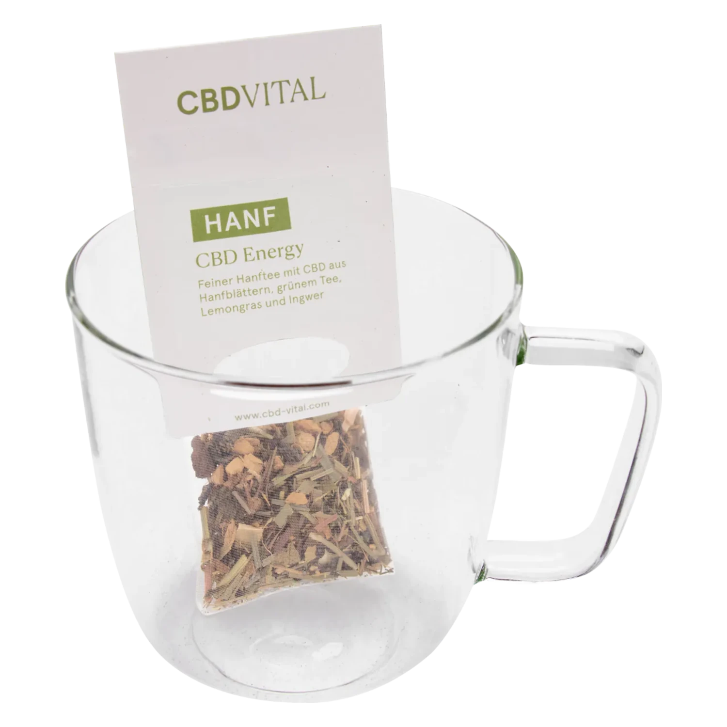 Teebeutel in Tasse. Geniess den zitronigen Geschmack des BIO ENERGY Tee 🍋 auf cbd-cannabidiol.de