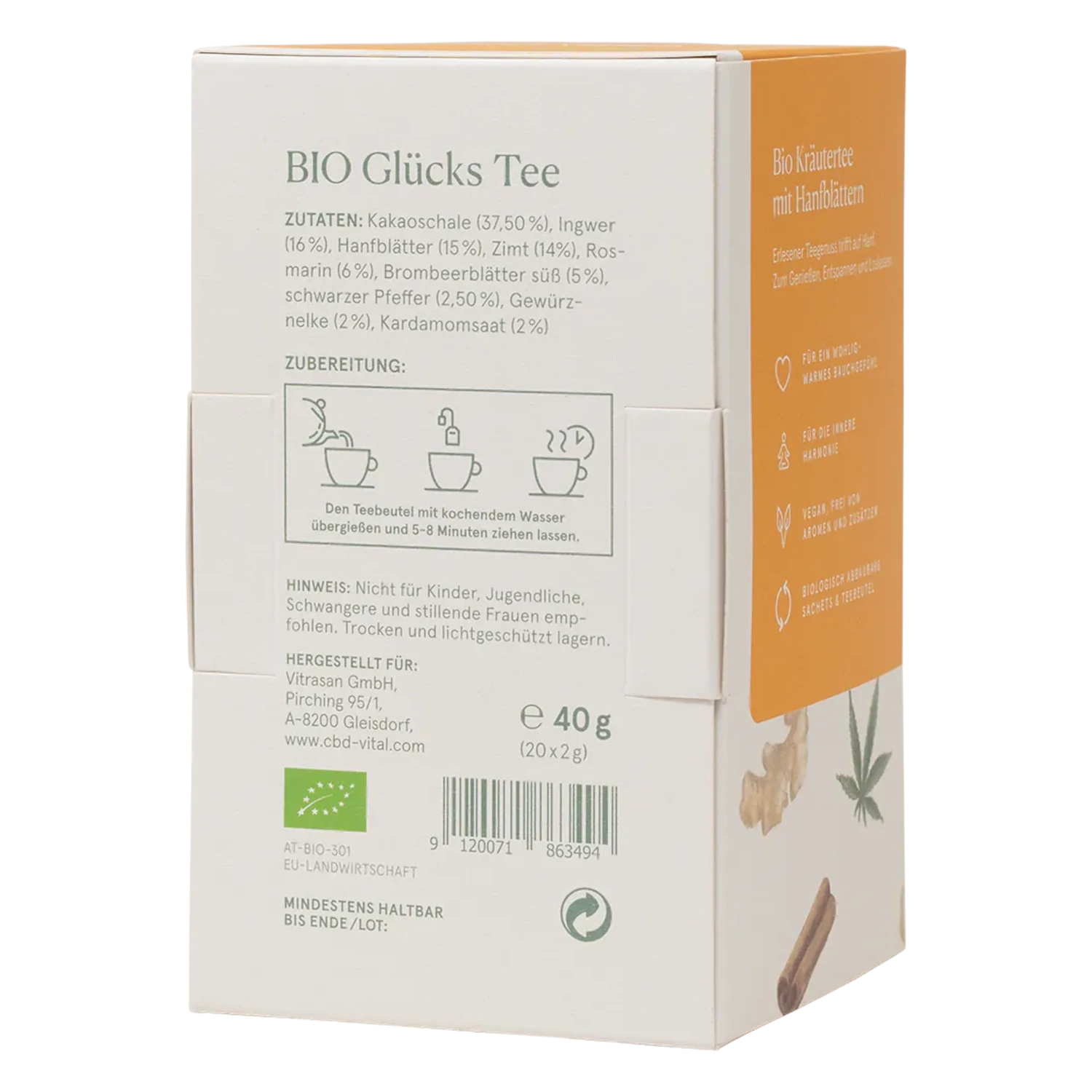 Rückseite BIO Glückstee von CBD Vital – jetzt mehr Infos und bestellen auf cbd-cannabidiol.de!