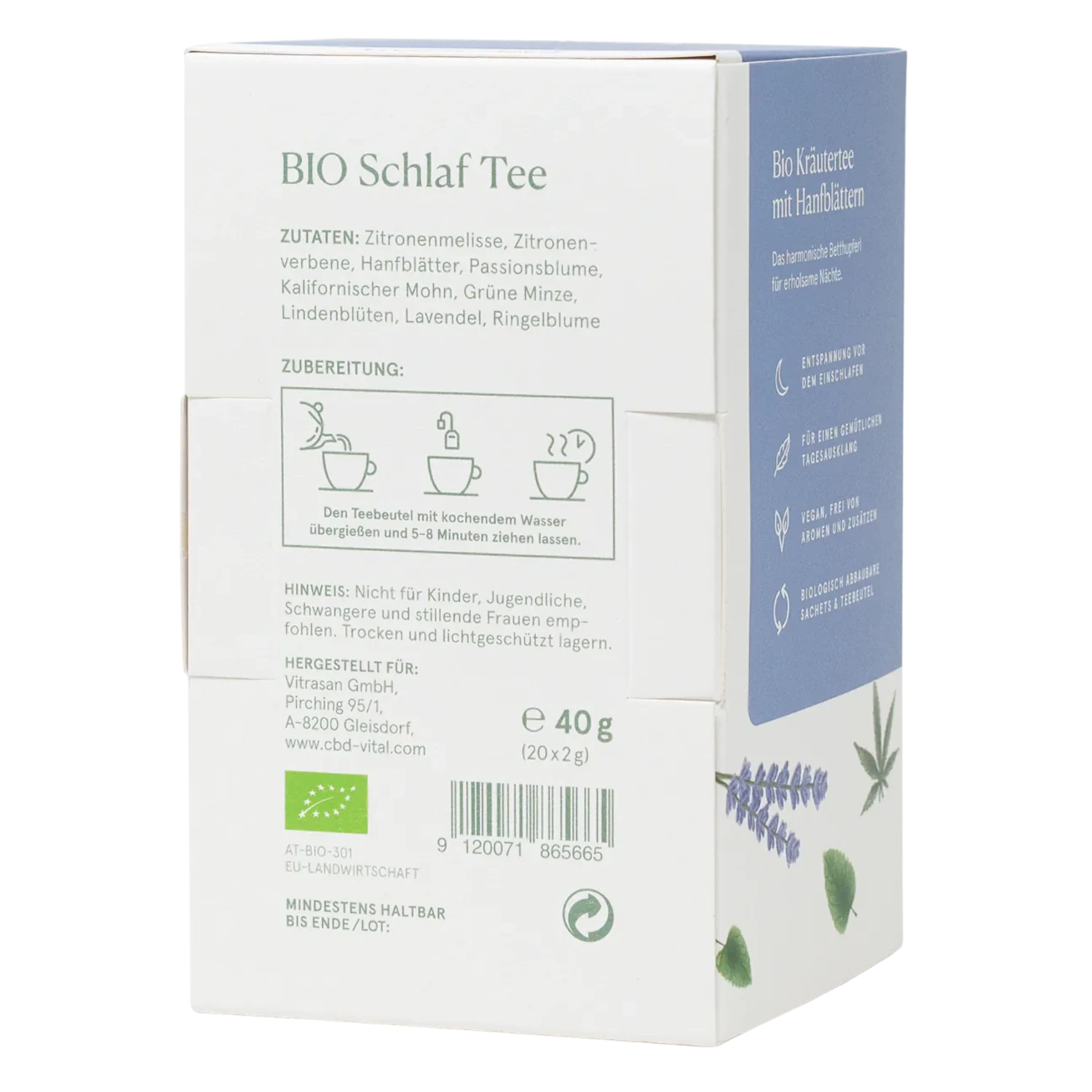 Rückseite CBD Bio Schaf Tee von CBD Vital- beruhigenden Kräutern entdecken- Hier kaufen cbd-cannabidiol.de!