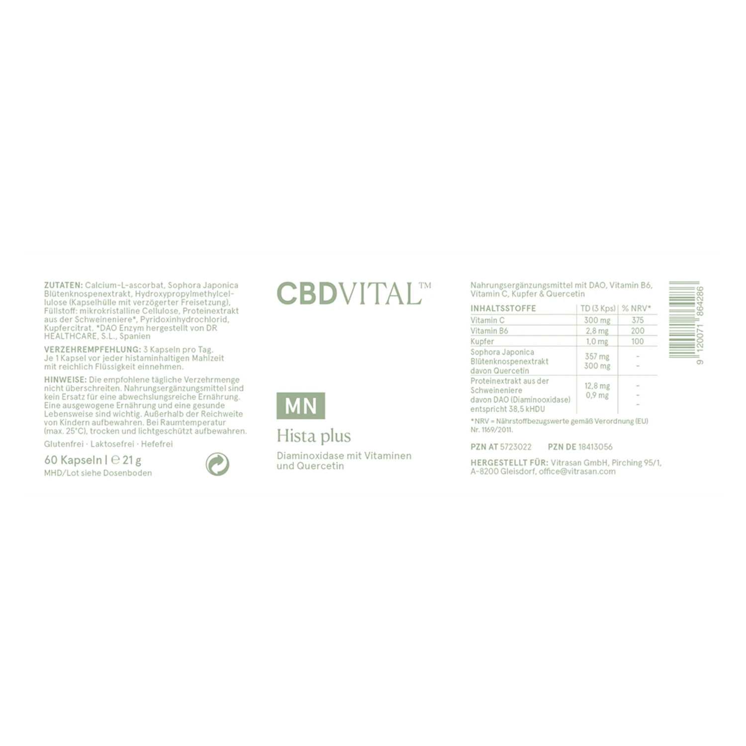 CBD VITAL Hista plus Etikett – Produktinformationen für Histaminabbau und Nährwerte, jetzt auf cbd-cannabidiol.de entdecken
