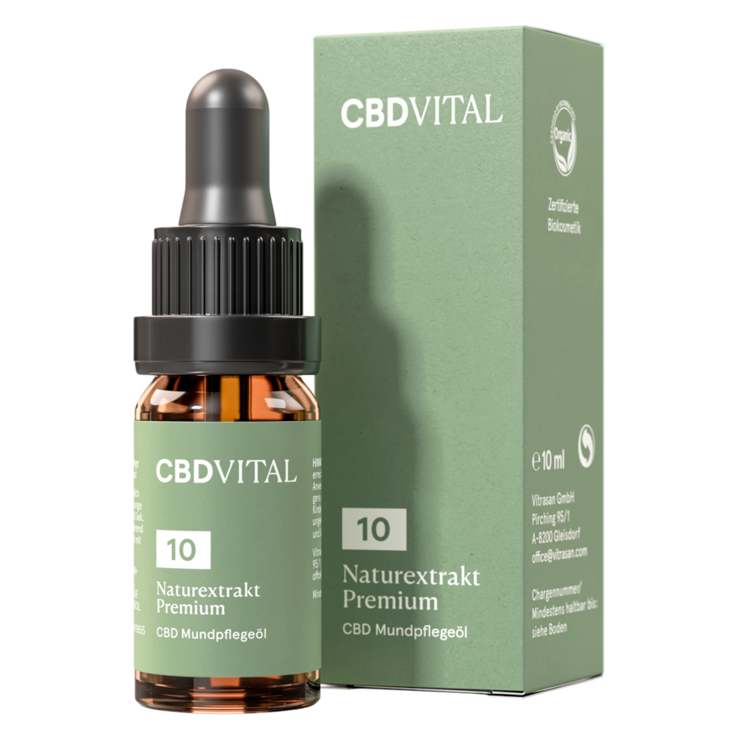 CBD Vital Naturextrakt Premium 10% 10ml – Produktbild mit Verpackung. Erhältlich auf cbd-cannabidiol.de